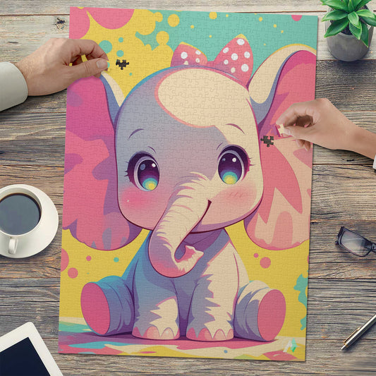Chibi Safari Elephant Puzzle featuring a cartoon elephant design, available in 500 or 1000 pieces, crafted from premium ivory cardboard with a satin finish.