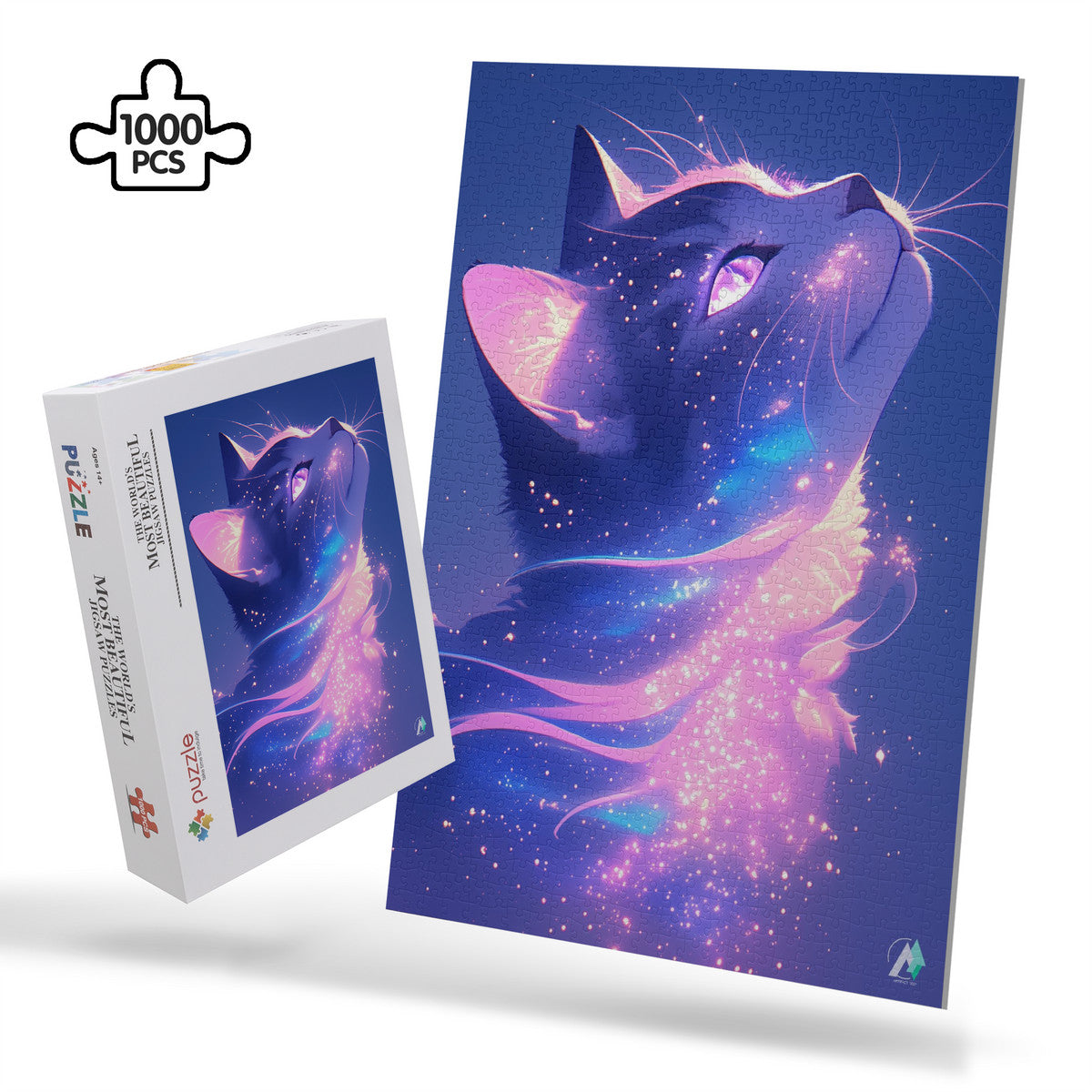Milky Way Meow V Puzzle showcases a cat-themed jigsaw puzzle, available in 500 and 1000 pieces, crafted from premium ivory cardboard.