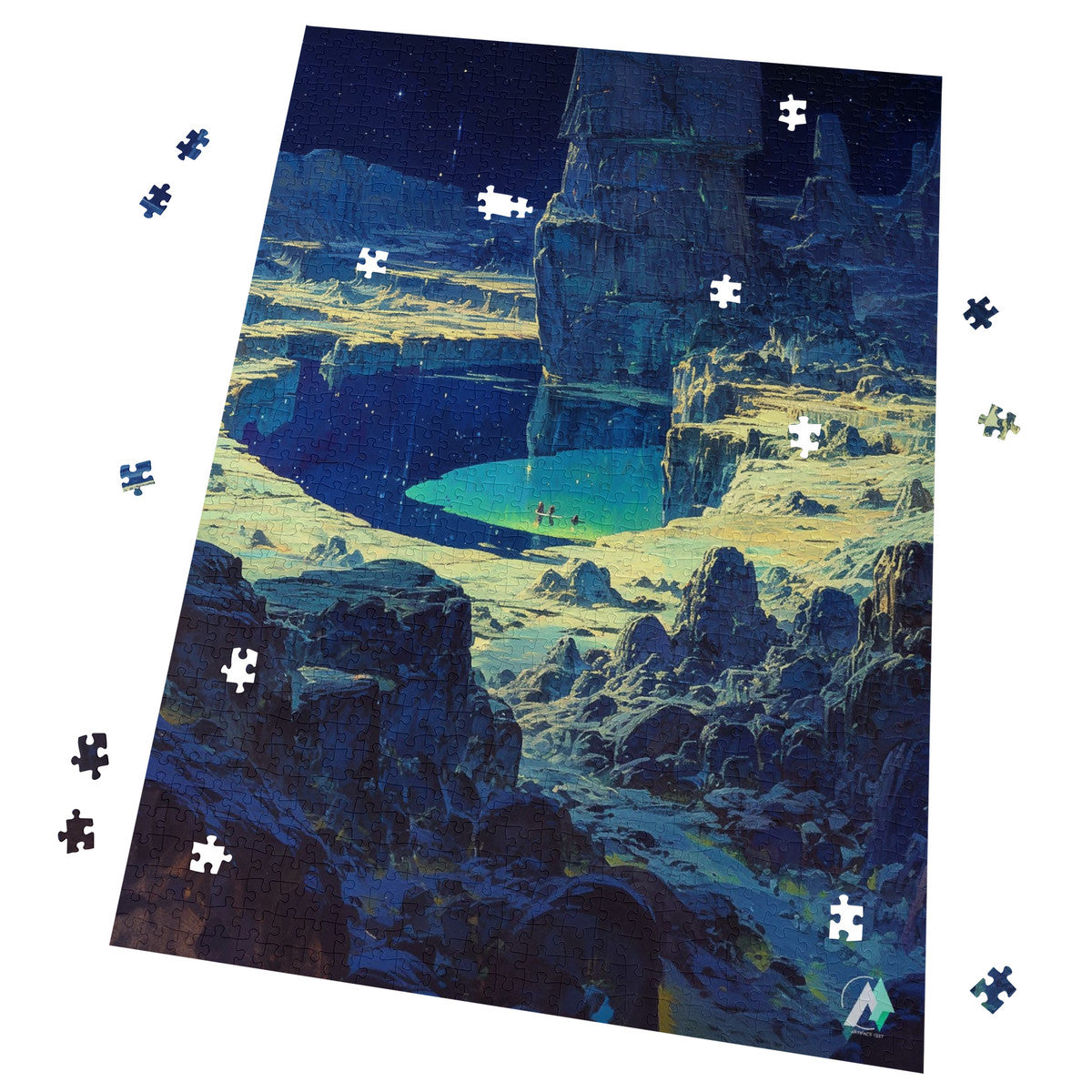 Galleria Galactica IV Puzzle featuring a landscape with a pond and mountain. Available in 500 or 1000 pieces, made from premium ivory cardboard.