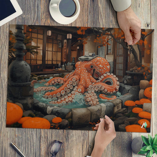 Octopus Bathhouse Puzzle featuring a whimsical octopus illustration, available in 500 or 1000 pieces, crafted from premium ivory cardboard with a satin finish.