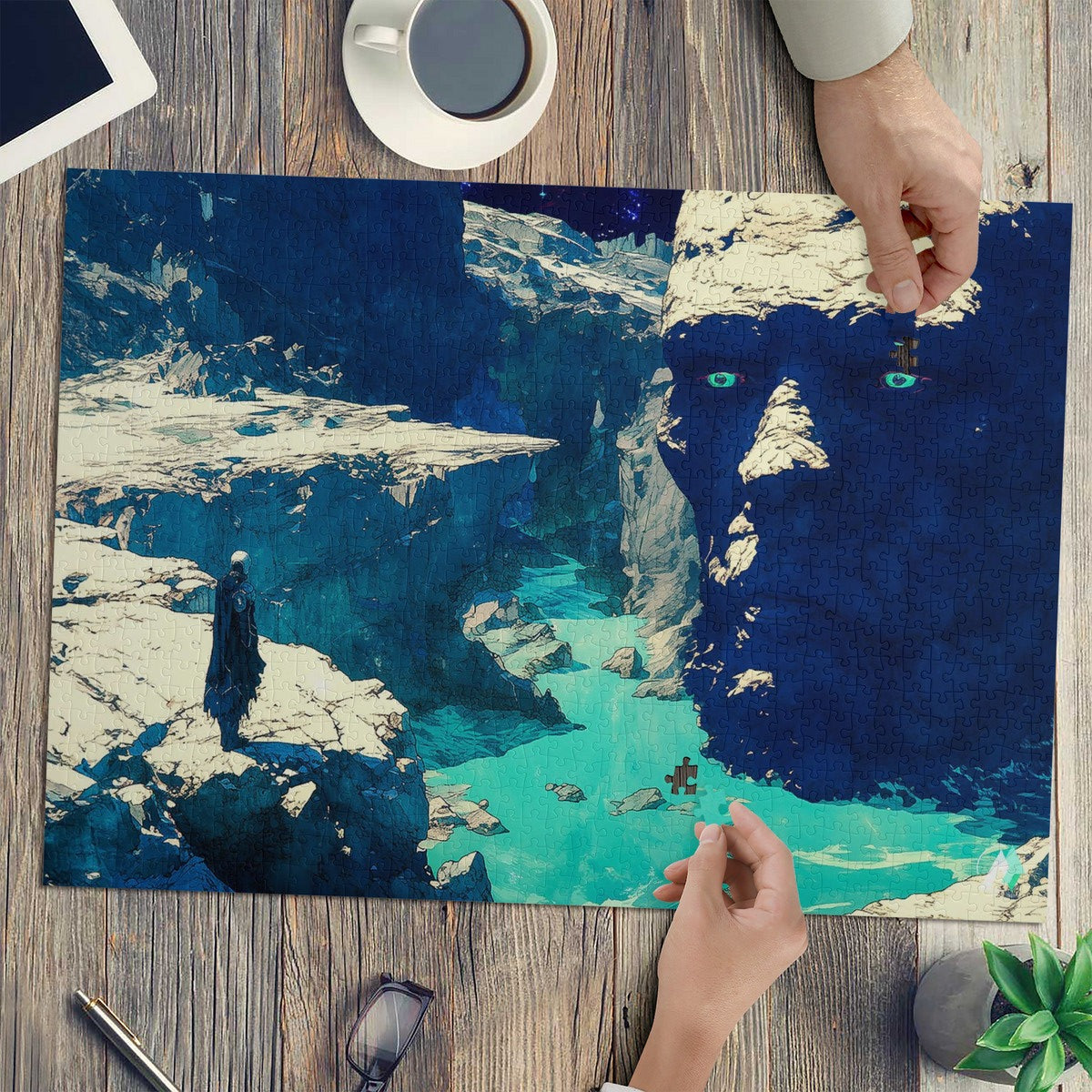 Galleria Galactica I Puzzle features an artwork of a man on rocks with a face in the background, available in 500 or 1000 pieces.
