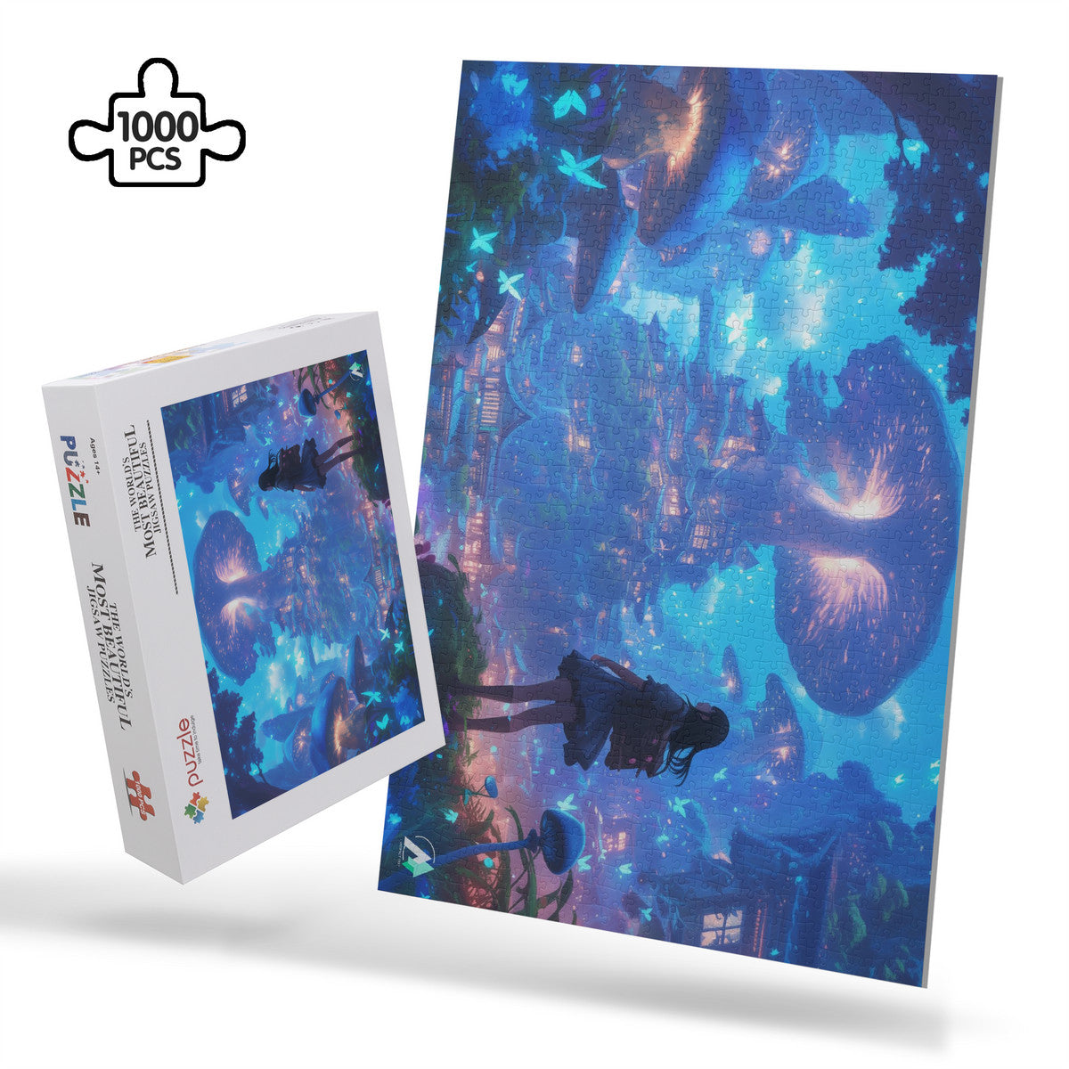 Forest of Magic IX Puzzle: A girl gazes at a whimsical mushroom city, featured in a 500 or 1000-piece premium jigsaw puzzle by artist @shinjoku13.