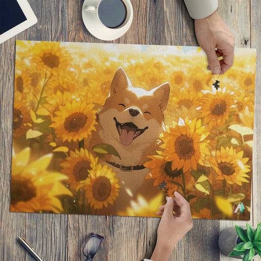 Chibi Shiba III Puzzle: A dog in a sunflower field puzzle, available in 500 or 1000 pieces, featuring artwork by @shinjoku13.
