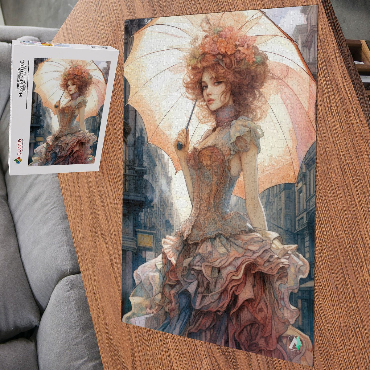 Victorian Beauty Puzzle features a woman holding an umbrella and dressed in Victorian era style, crafted from premium ivory cardboard, available in 500 or 1000 pieces.