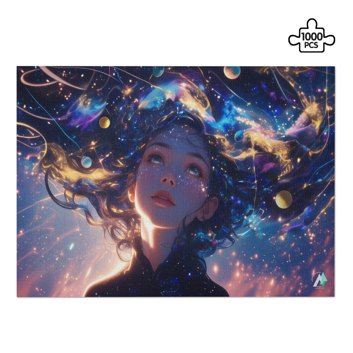 Cosmic Serenity II Puzzle features a colorful-haired girl in a fantastical scene, available in 500 or 1000 pieces, crafted on premium ivory cardboard.