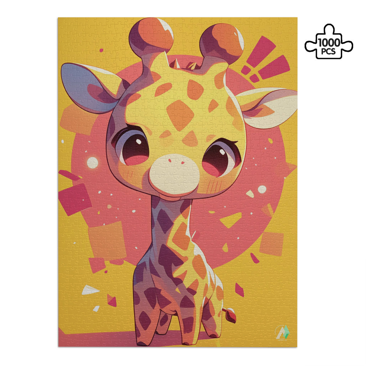 Chibi Safari Giraffe Puzzle featuring a whimsical giraffe illustration, available in 500 and 1000 pieces, crafted from premium ivory cardboard with satin finish.