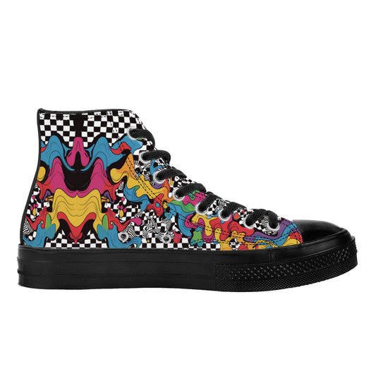 Checkered Trip (Blk) 🏁🌈 | 1337 High Tops feature vibrant psychedelic patterns on a black canvas, thick black sole, and black laces, embodying retro-streetwear artistry.