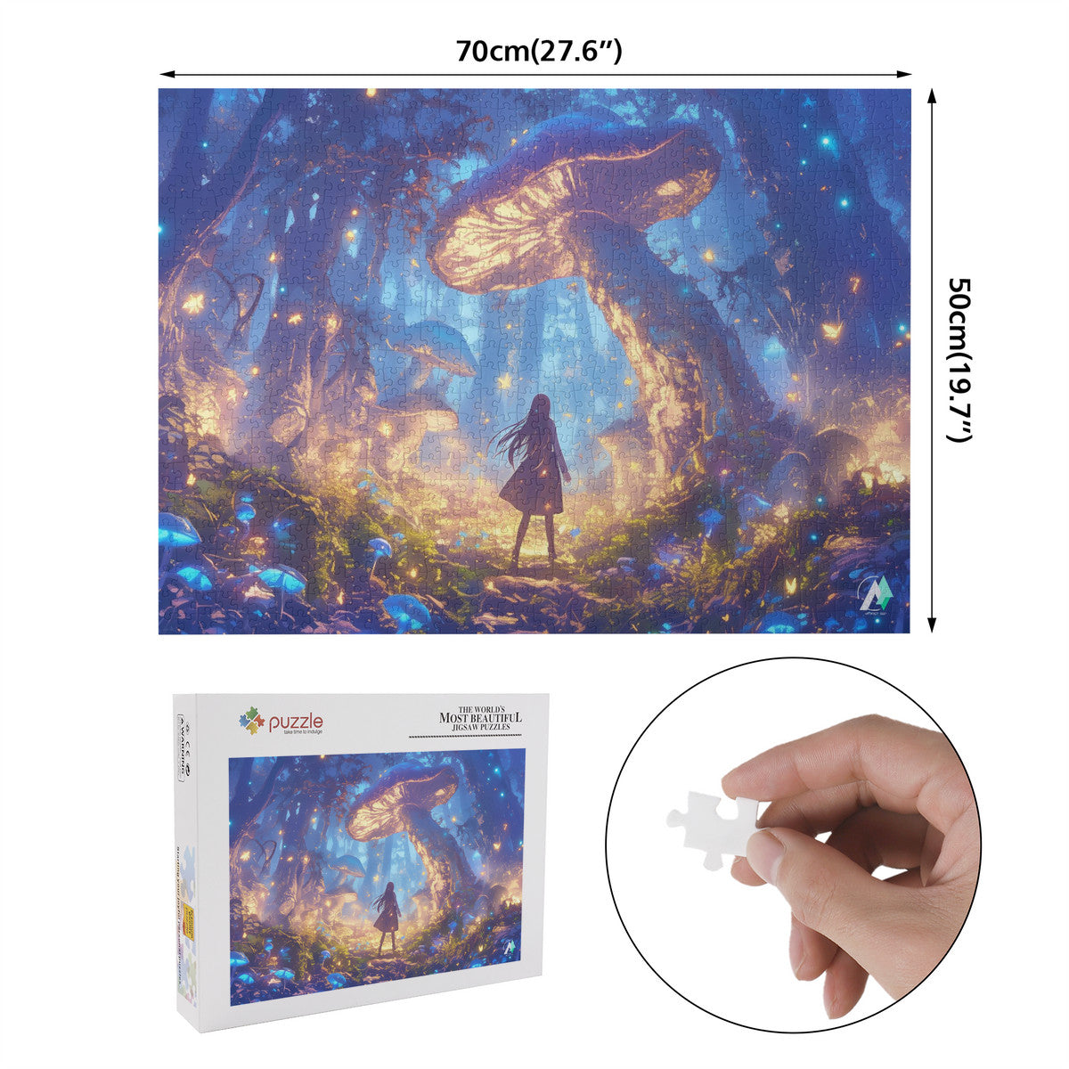 Forest of Magic VI Puzzle: A girl with long hair stands among mushrooms in a forest. Available in 500 and 1000 pieces from artist @shinjoku13.