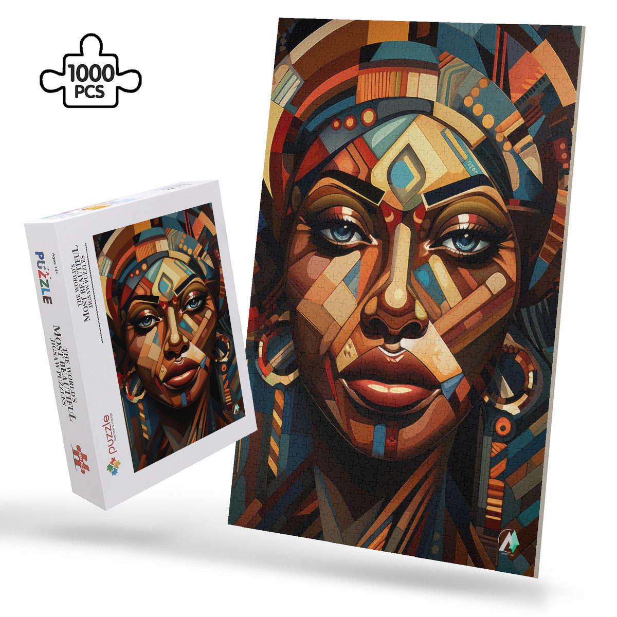 Cubist Beauty I Puzzle featuring a woman's face with a colorful headdress, available in 500 and 1000 pieces, crafted from premium ivory cardboard.