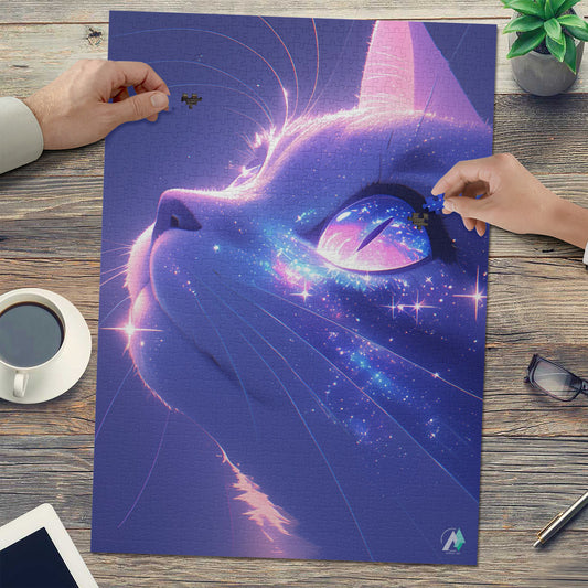 Milky Way Meow I Puzzle showcases a cat-themed jigsaw puzzle, available in 500 and 1000 pieces, crafted from premium ivory cardboard.