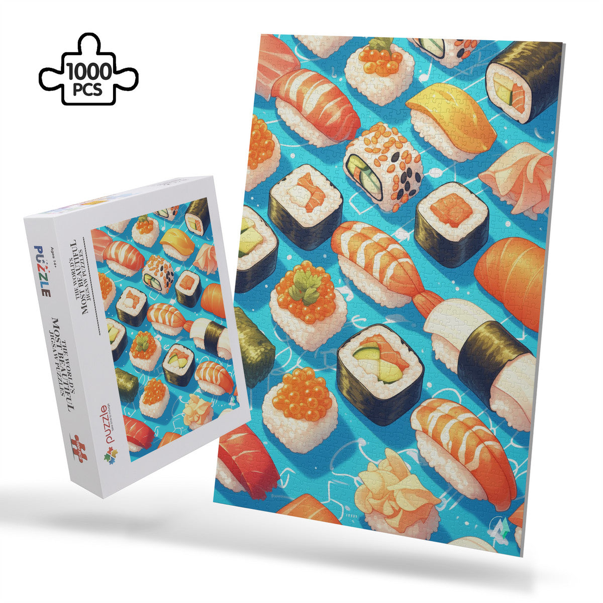 Sushi I Puzzle features intricate sushi-themed designs on premium ivory cardboard, available in 500 and 1000 pieces by artist @shinjoku13.