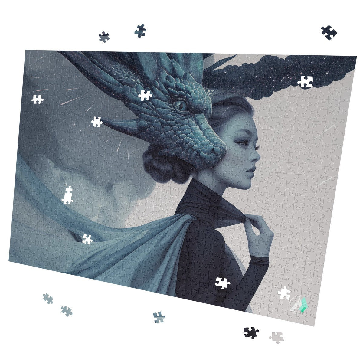 Wyvern Wyre IV Puzzle featuring a woman with a dragon head, available in 500 or 1000 pieces, crafted from premium ivory cardboard.