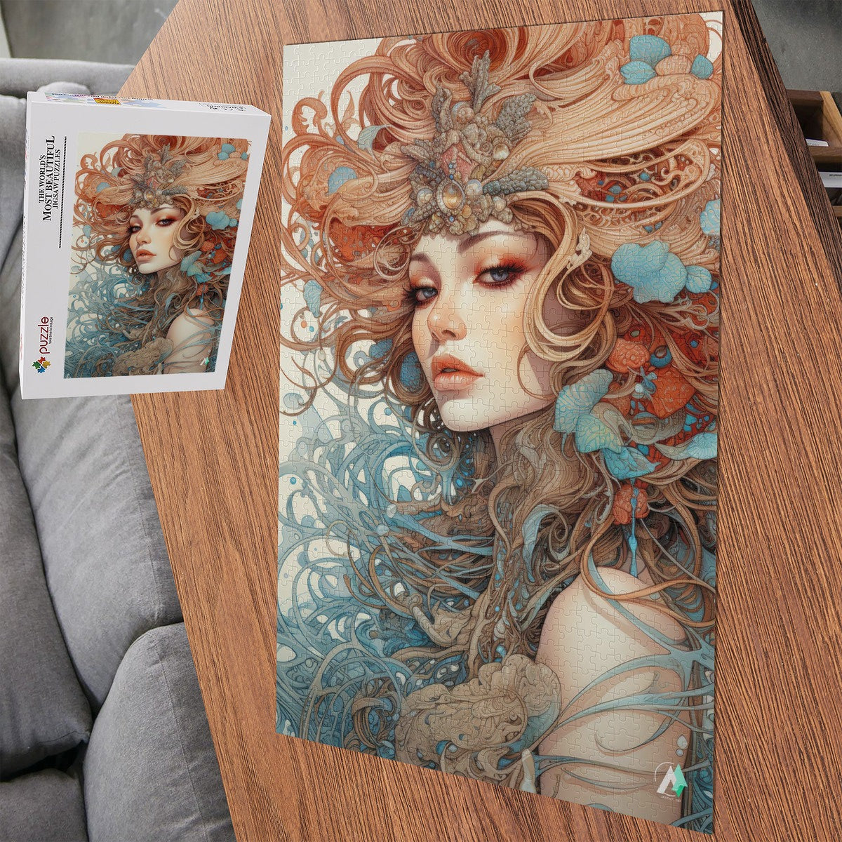Beauty in Bloom III Puzzle featuring intricate artwork of a woman with long hair, available in 500 or 1000 pieces, crafted on premium satin-finished cardboard.