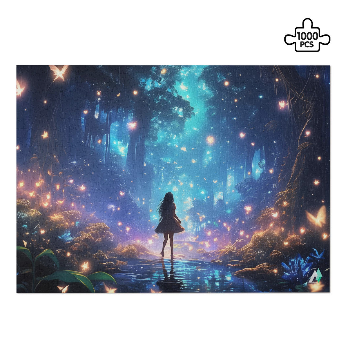 Forest of Magic III Puzzle featuring a girl in a dress amidst a forest scene, crafted from premium ivory cardboard with a satin finish.
