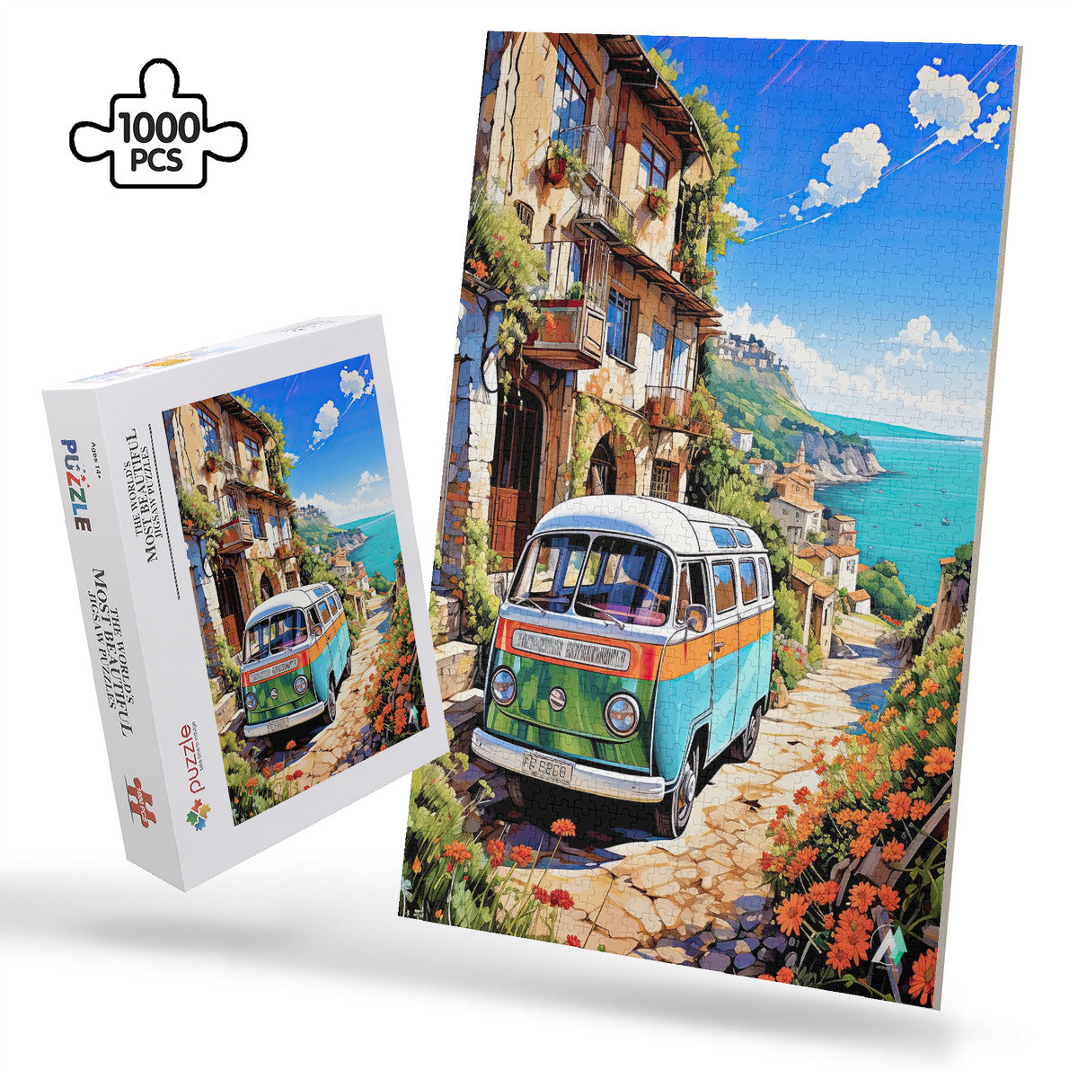 Van Life on the Med Puzzle, featuring a bus van on a scenic road, available in 500 or 1000 pieces with artwork by @iguana_nick.