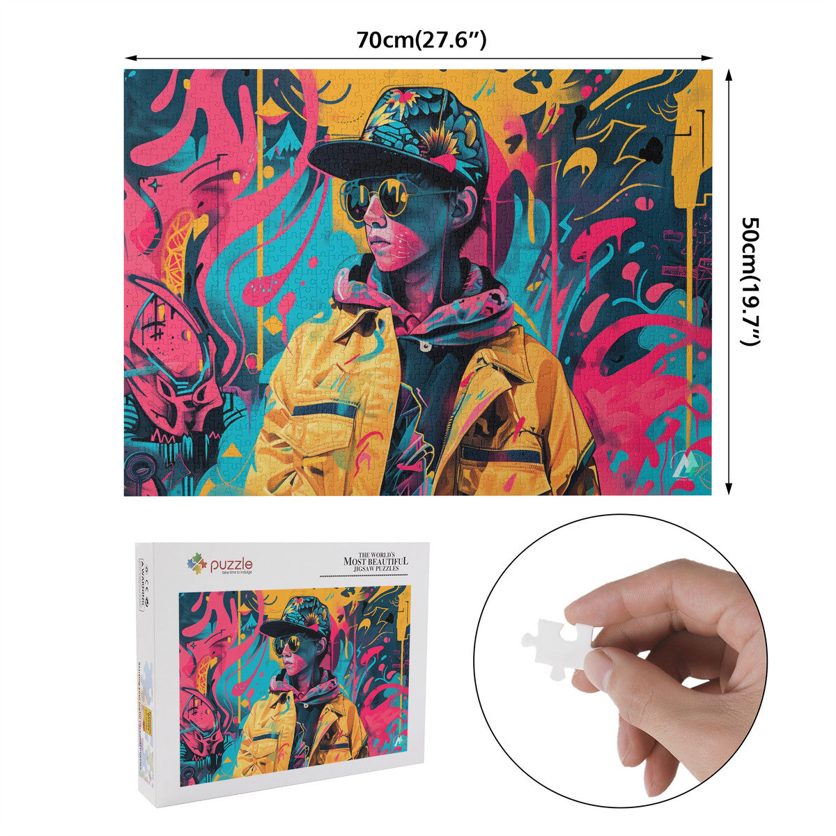 Streetwear Abstraction II Puzzle, depicting a boy in a hat and sunglasses, crafted from premium ivory cardboard. Available in 500 and 1000 pieces.