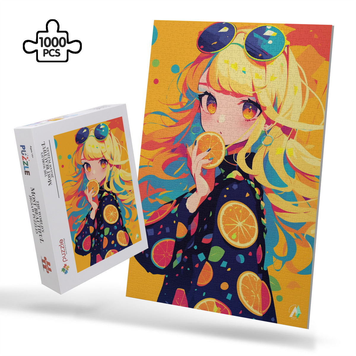 Chibi Orengella Puzzle featuring a cartoon girl holding orange slices, available in 500 and 1000 pieces, crafted from premium ivory cardboard.