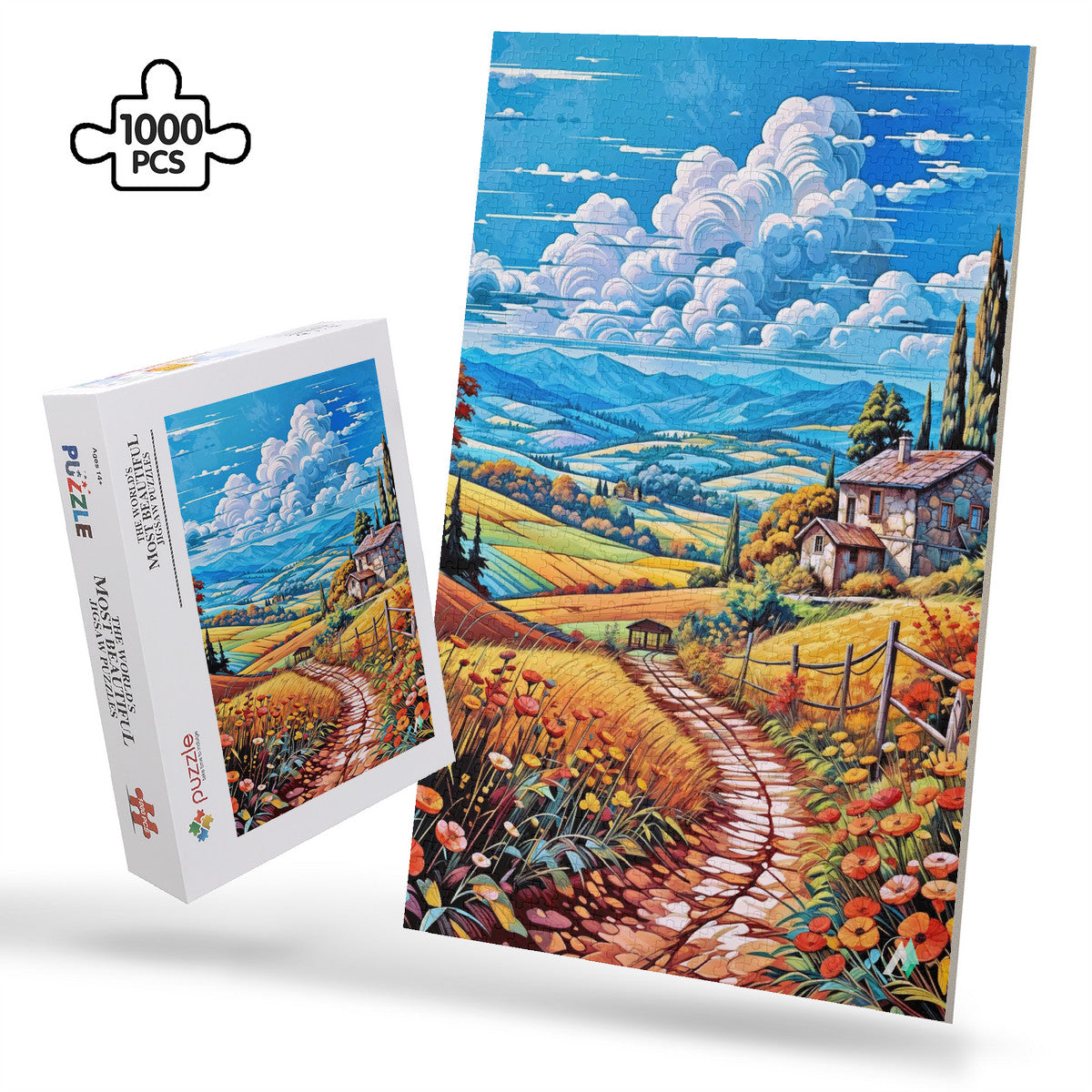 Poppies in Bloom Puzzle featuring a scenic house and path amidst a vibrant field, available in 500 and 1000 pieces.