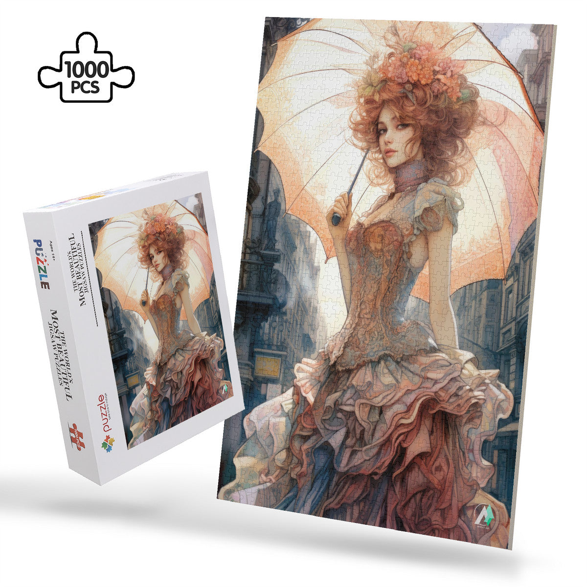 Victorian Beauty Puzzle features a woman holding an umbrella and dressed in Victorian era style, crafted from premium ivory cardboard, available in 500 or 1000 pieces.
