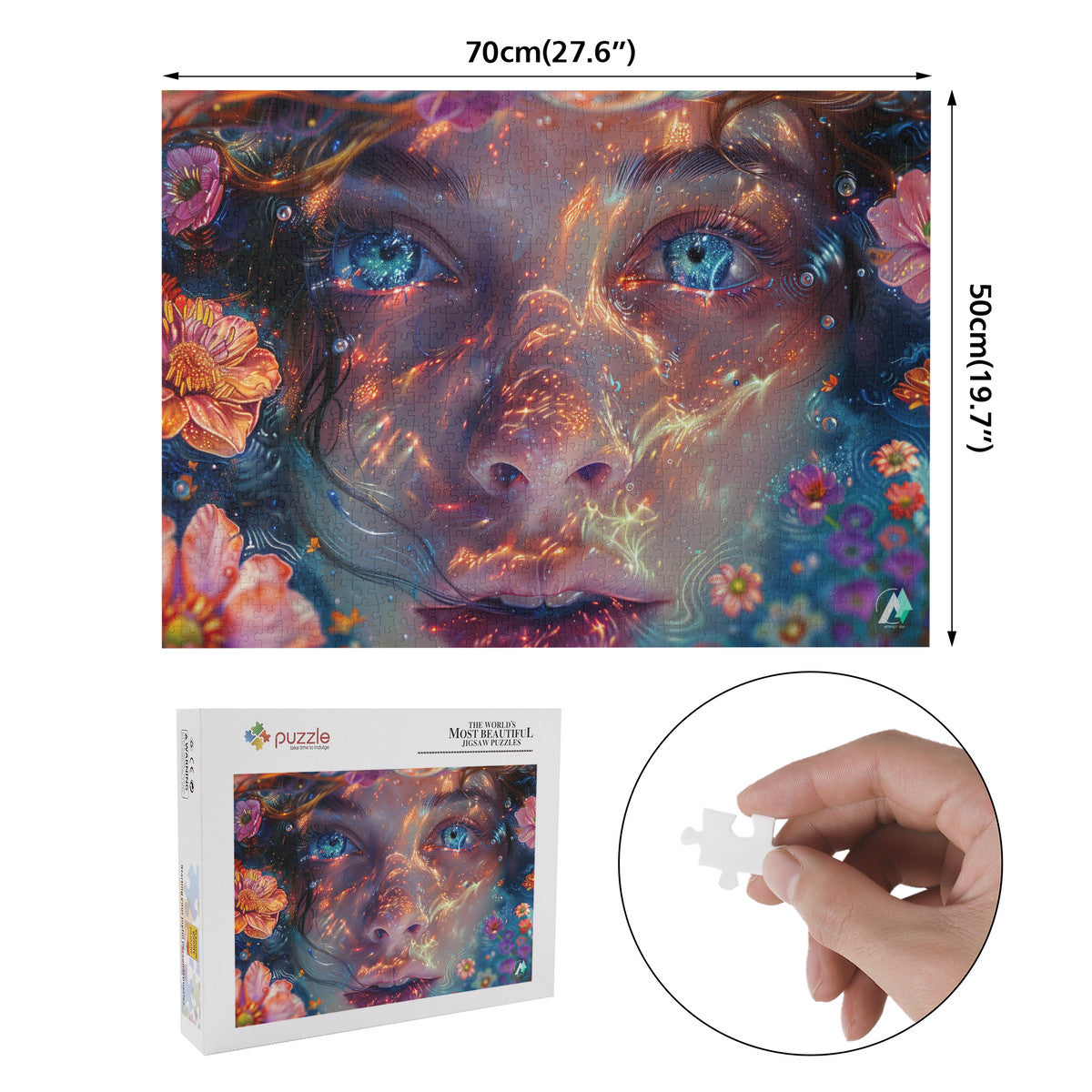 Emergence II Puzzle featuring a woman's face intertwined with flowers, available in 500 or 1000 pieces, crafted from premium ivory cardboard with a satin finish.