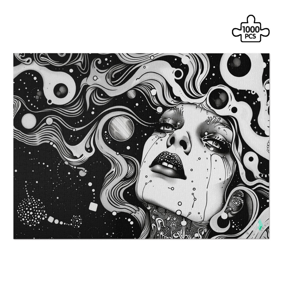 Discernment II Puzzle featuring a woman's face illustration by @shinjoku13, available in 500 and 1000 pieces, premium cardboard with satin finish.