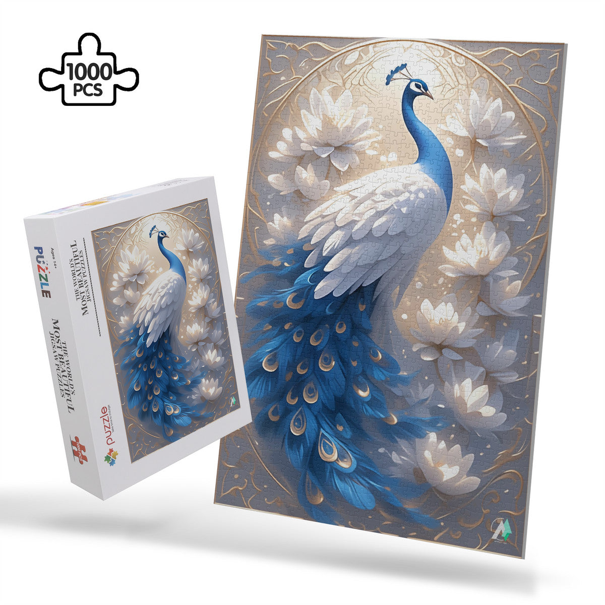 Peacock Nouveau I Puzzle featuring intricate peacock artwork by @shinjoku13, available in 500 and 1000 pieces, crafted from premium ivory cardboard.
