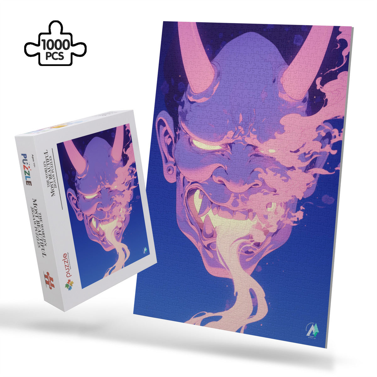 Oni Spirit Mask IX Puzzle: Jigsaw puzzle featuring a horned face with tongue out, available in 500 or 1000 pieces. Art by @shinjoku13.