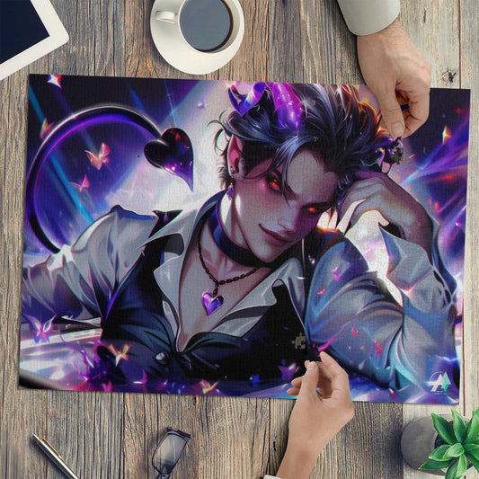 Daemon Heart Puzzle featuring a male incubi with purple hair and red eyes, crafted on premium ivory cardboard, available in 500 and 1000 pieces.