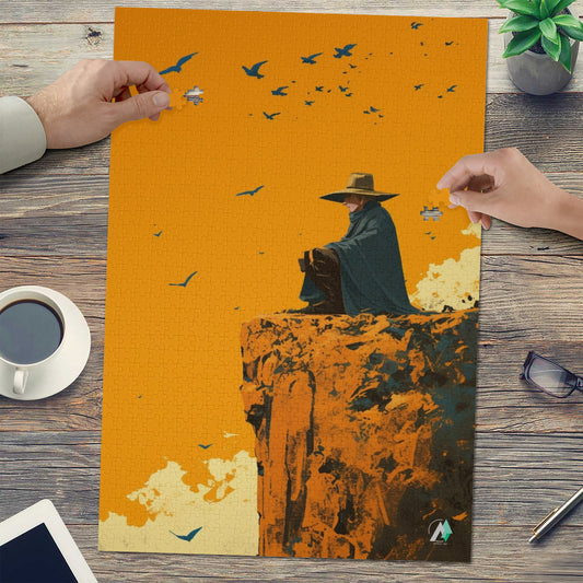 Cliffside Reverie Puzzle features an artistic depiction of a man on a cliff, available in 500 and 1000 pieces, crafted from premium ivory cardboard.
