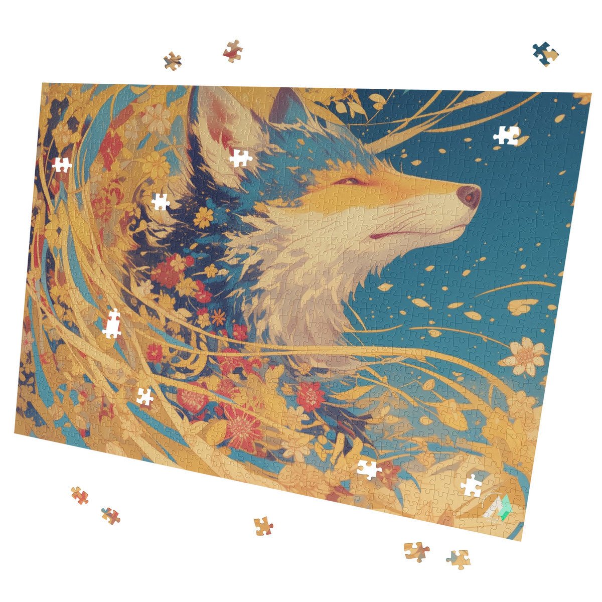 Fox-themed jigsaw puzzle from Fall'n for Foxes III collection, featuring intricate artwork by @drewsidious, available in 500 and 1000 pieces, made from premium ivory cardboard.