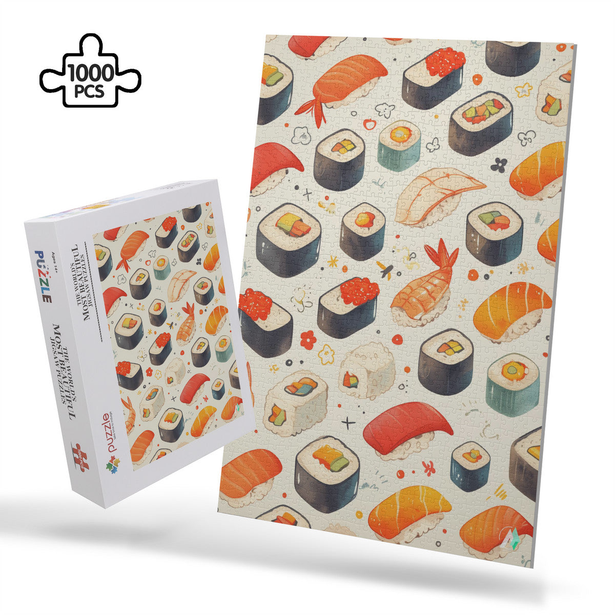 Sushi III Puzzle features intricate sushi-themed designs on premium ivory cardboard, available in 500 and 1000 pieces by artist @shinjoku13.