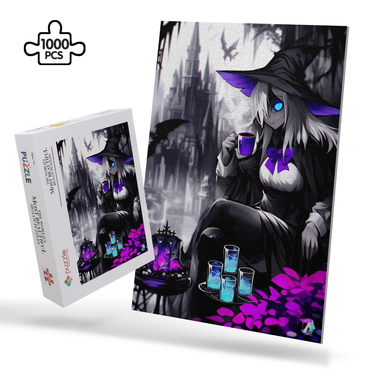 Witch's Sip Puzzle featuring a witch enjoying tea in a whimsical, artistic style. Available in 500 and 1000 pieces with premium cardboard.