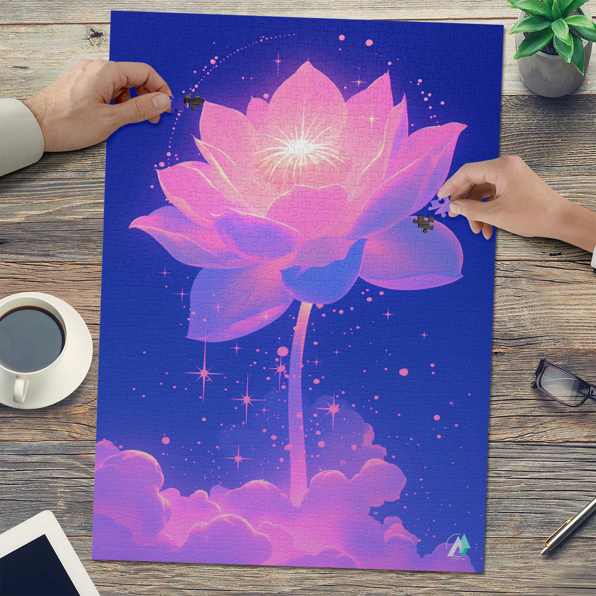 Celestial Bloom II Puzzle, featuring a flower design with clouds, available in 500 or 1000 pieces, crafted from premium ivory cardboard.