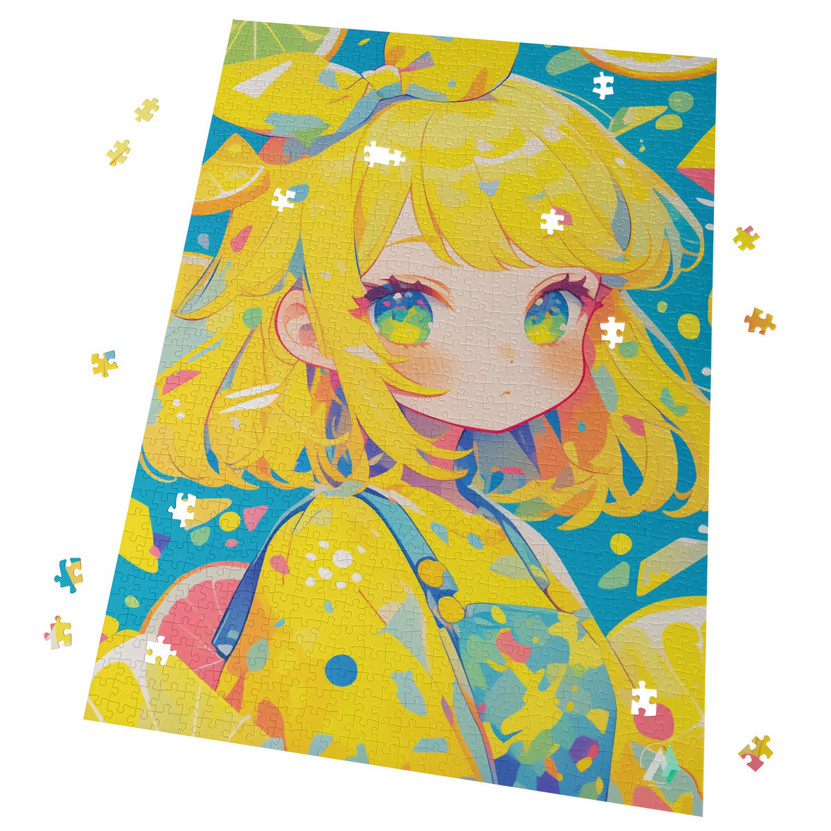 Chibi Lemona Puzzle featuring a cartoon girl illustration with bright lemon colored hair, available in 500 and 1000 pieces, crafted from premium ivory cardboard with satin finish.