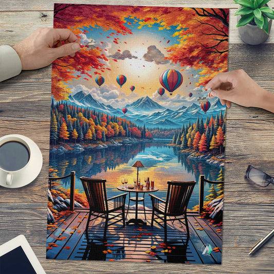 Autumn Lake Balloons Puzzle showcases enchanting lakeside scene with a table, chairs, and hot air balloons, available in 500 and 1000 pieces.