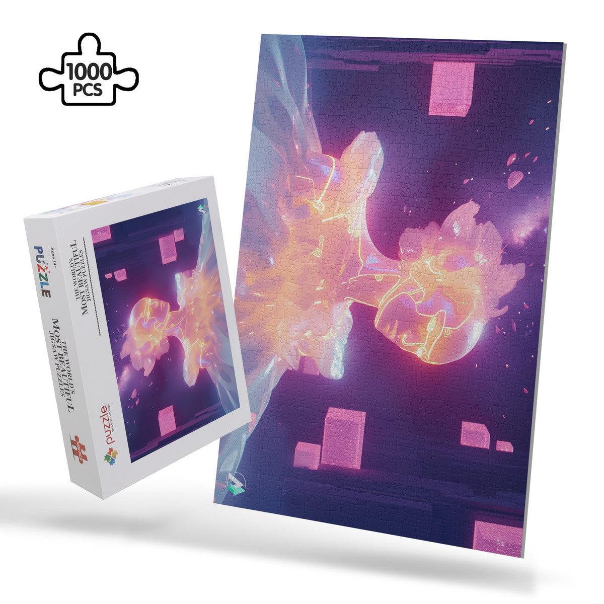 Radiance Infusion Puzzle: a 500 or 1000-piece jigsaw featuring a glowing robot design by artist @shinjoku13, crafted from premium ivory cardboard with a satin finish.