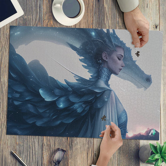 Wyvern Wyre V Puzzle: A jigsaw featuring a woman with a dragon-like head, available in 500 and 1000 pieces, crafted from premium ivory cardboard.
