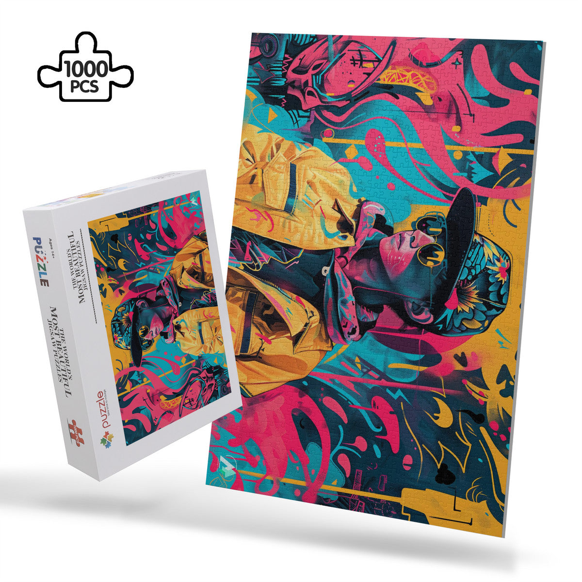 Streetwear Abstraction II Puzzle, depicting a boy in a hat and sunglasses, crafted from premium ivory cardboard. Available in 500 and 1000 pieces.