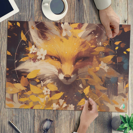 Puzzle titled Fall'n for Foxes IV featuring a fox surrounded by leaves, available in 500 and 1000 pieces, made of premium ivory cardboard.