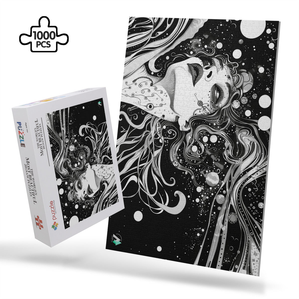 Discernment I Puzzle featuring a black and white illustration of a woman's face, available in 500 or 1000 pieces, by artist @shinjoku13.