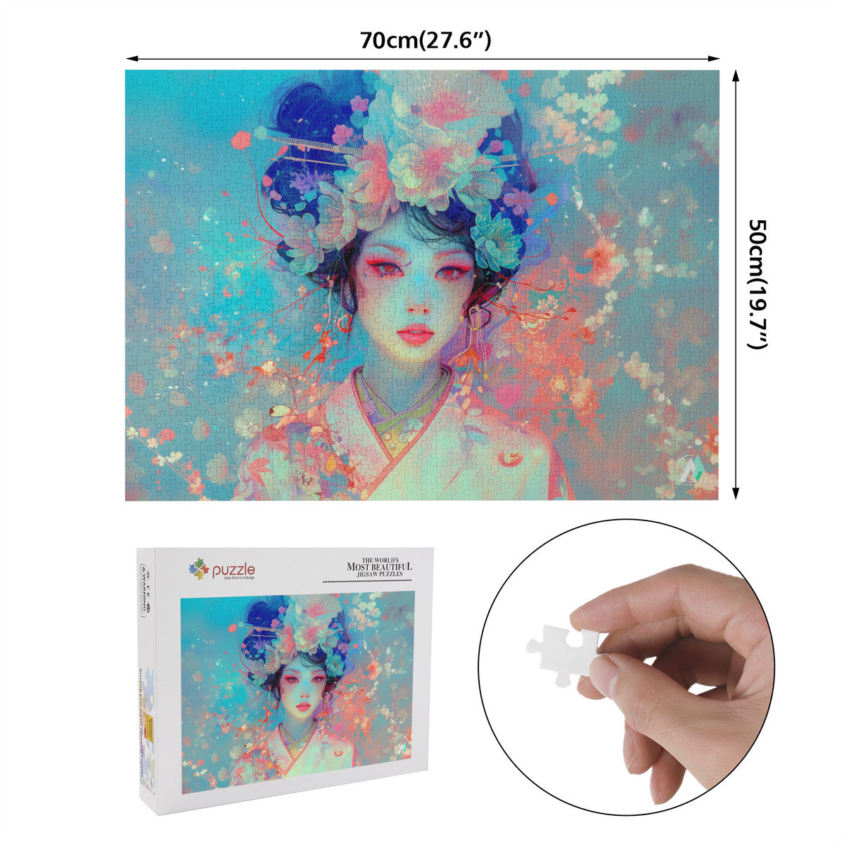 Boho Geisha I Puzzle featuring an Asian woman's portrait with flowers in her hair, available in 500 and 1000 pieces, by artist @shinjoku13.