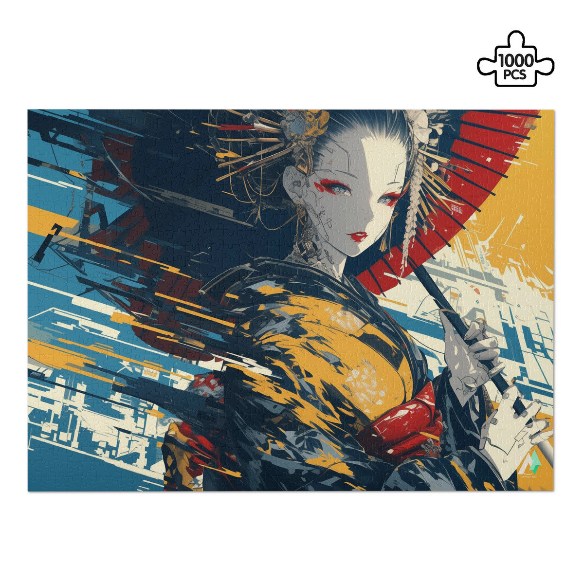 Geisha Borg Puzzle featuring a woman Japanese geisha robot holding an umbrella with intricate details, available in 500 or 1000 pieces. Artwork by @shinjoku13.