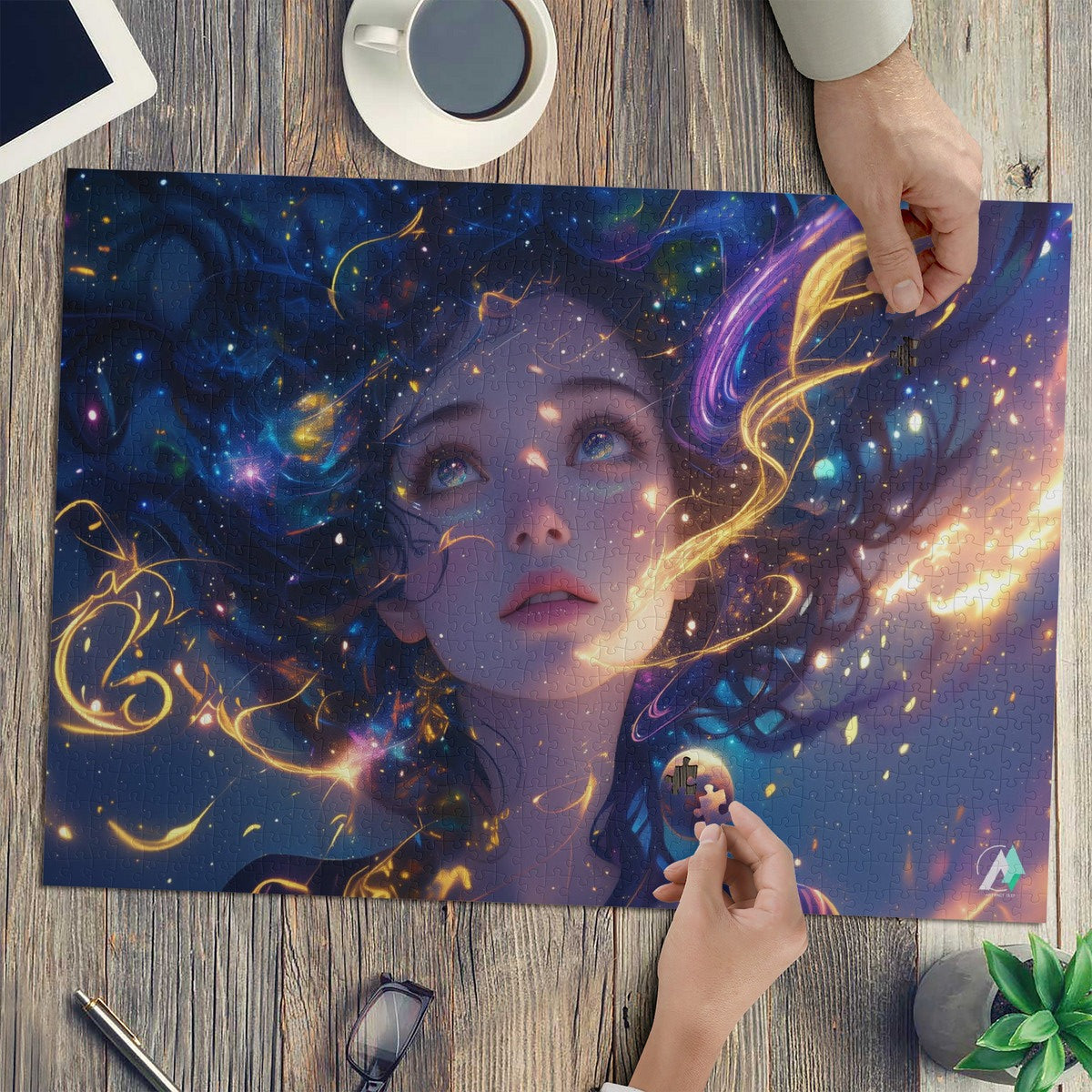 Cosmic Serenity I Puzzle features a colorful-haired girl in a fantastical scene, available in 500 or 1000 pieces, crafted on premium ivory cardboard.
