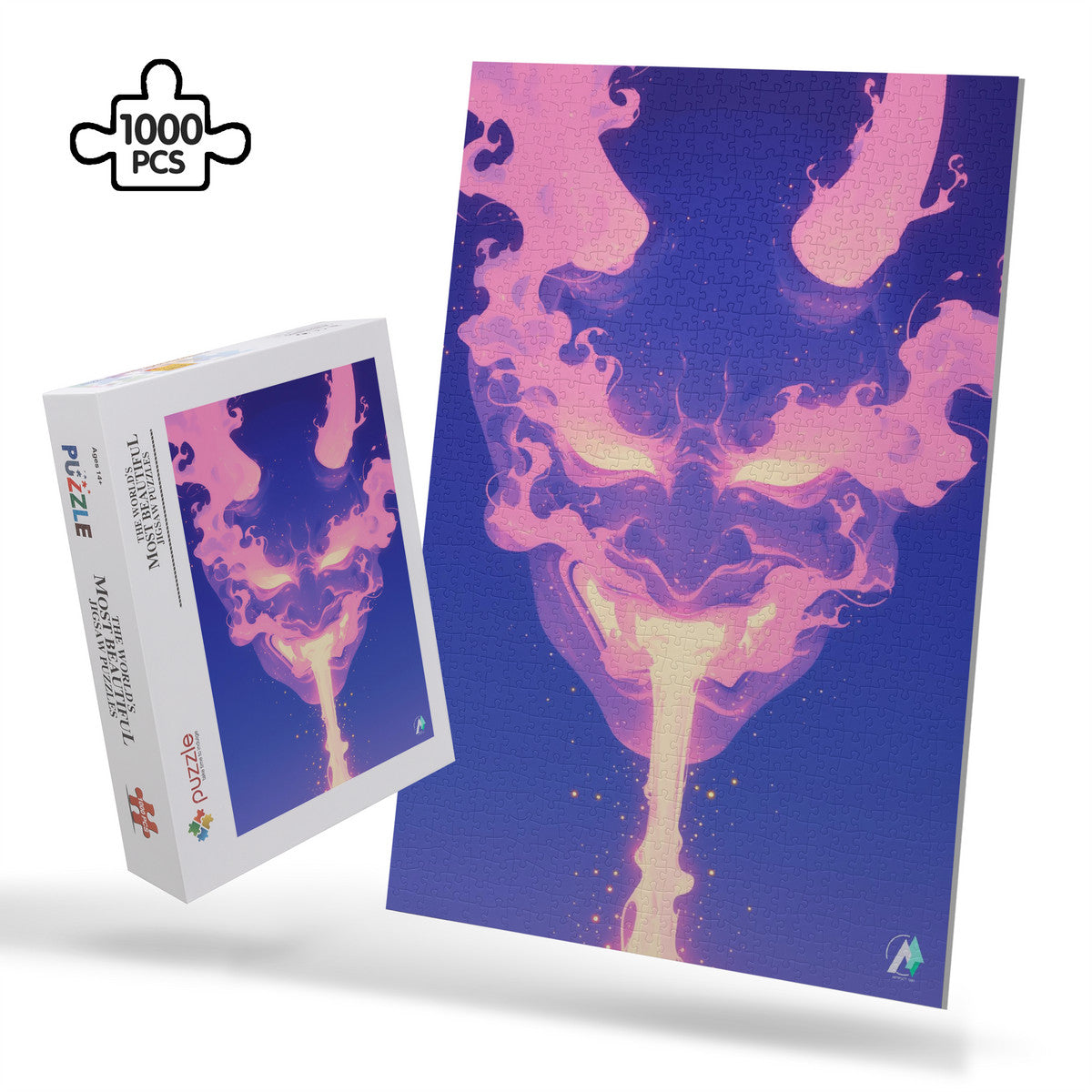 Oni Spirit Mask V Puzzle featuring an artistic face with pink smoke design, available in 500 and 1000 pieces, crafted from premium ivory cardboard.