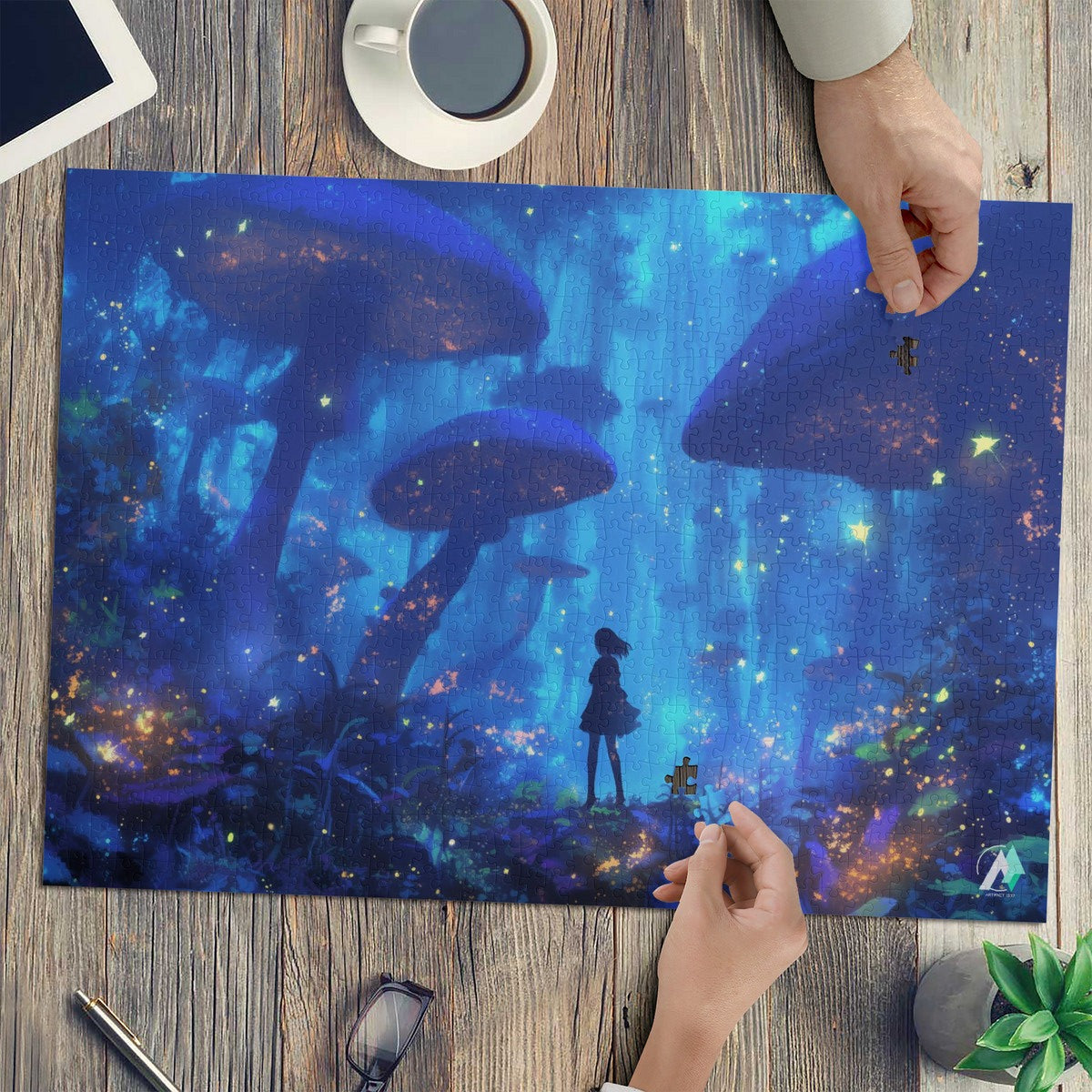 Forest of Magic VIII Puzzle, depicting a girl in a mystical forest, crafted from premium ivory cardboard, available in 500 and 1000 pieces.