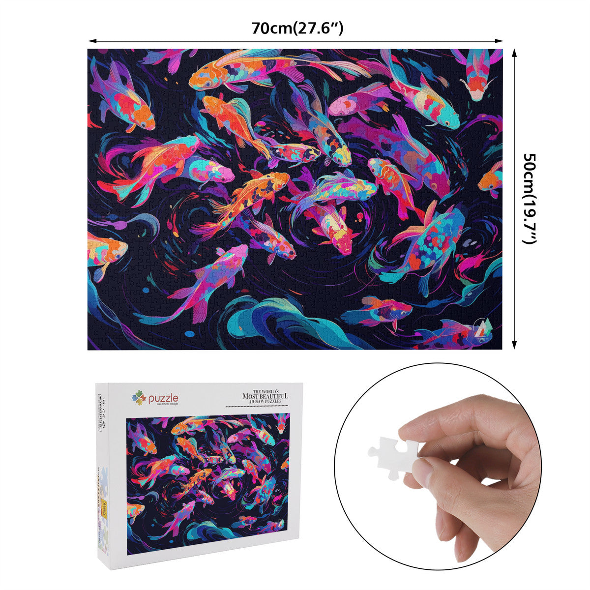 Neon Nishikigoi Koi Puzzle featuring vibrant fish artwork, available in 500 or 1000 pieces, crafted from premium ivory cardboard with a satin finish.