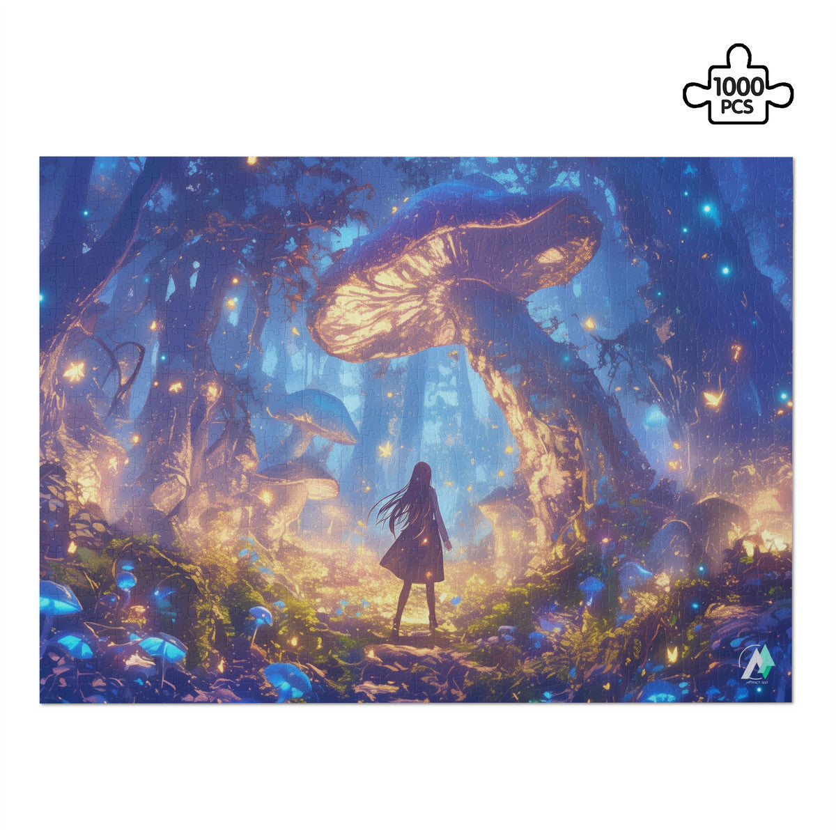 Forest of Magic VI Puzzle: A girl with long hair stands among mushrooms in a forest. Available in 500 and 1000 pieces from artist @shinjoku13.