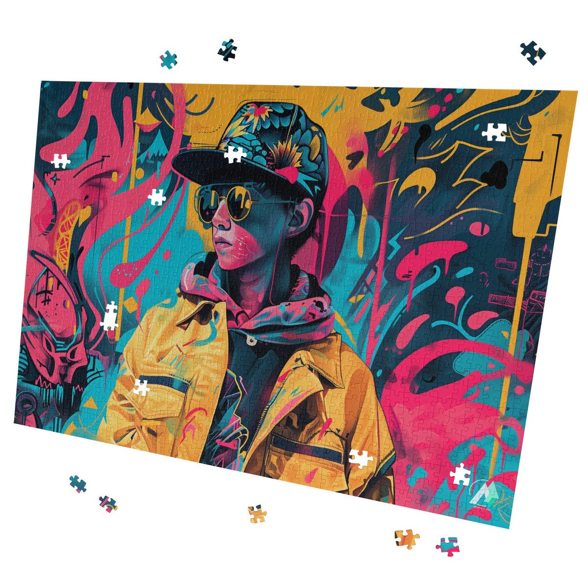 Streetwear Abstraction II Puzzle, depicting a boy in a hat and sunglasses, crafted from premium ivory cardboard. Available in 500 and 1000 pieces.