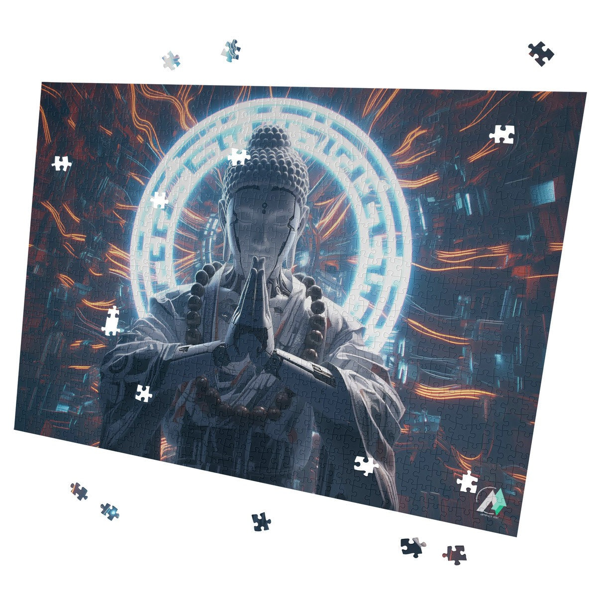 Cybernetic Monk II Puzzle featuring intricate artwork with a cyborg monk and glowing circle, available in 500 or 1000 pieces, crafted from premium ivory cardboard.