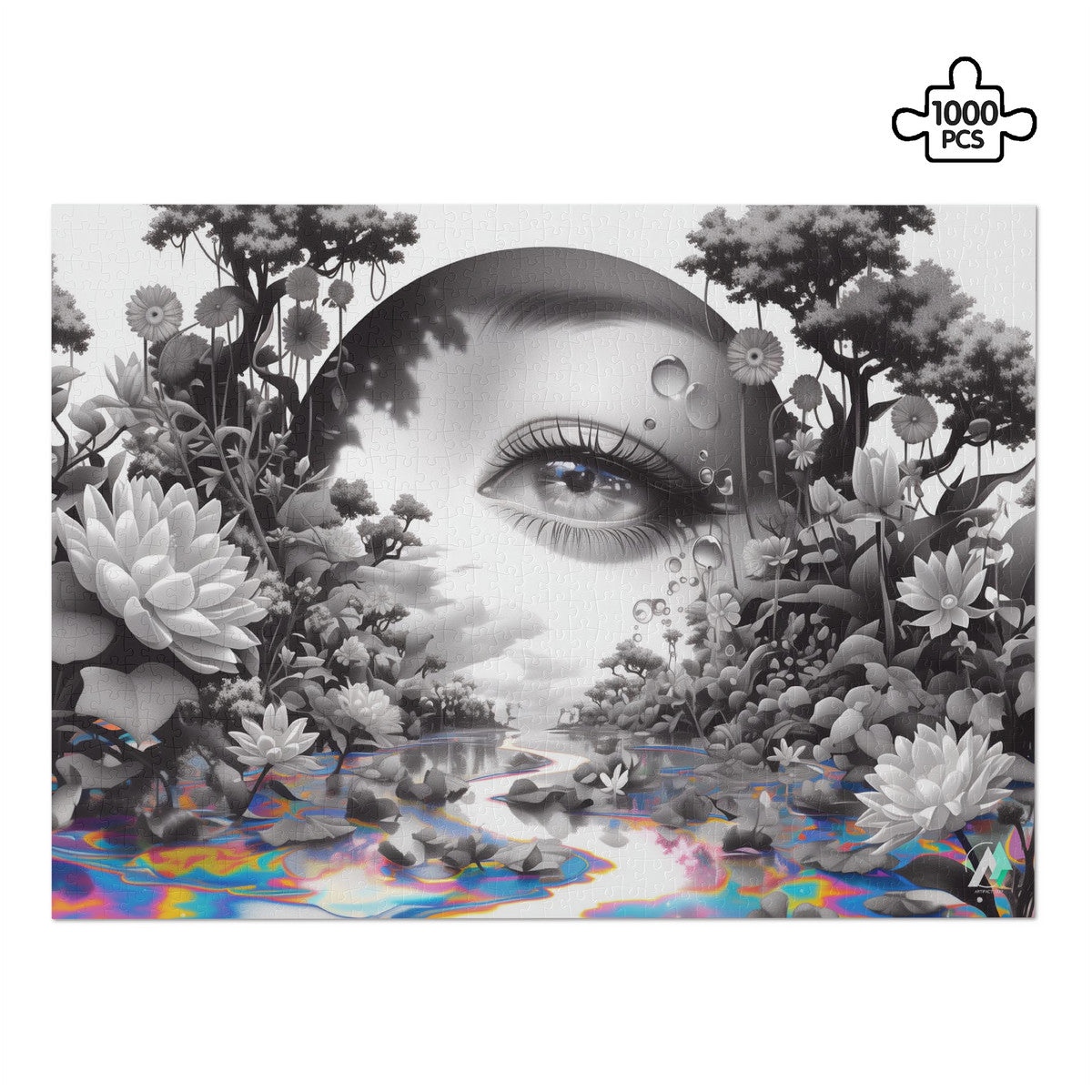 Peering Into III Puzzle: A jigsaw puzzle featuring a woman's eye surrounded by flowers, crafted from premium ivory cardboard. Available in 500 and 1000 pieces.